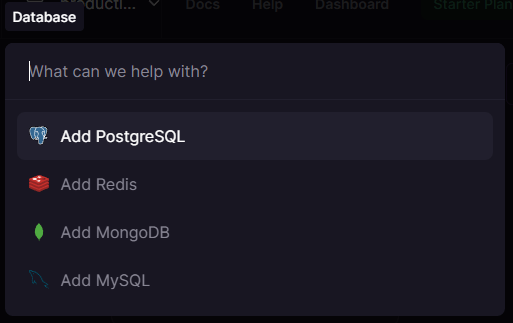 Railway-Projekt - Wählen Sie Postgres als neuen Dienst