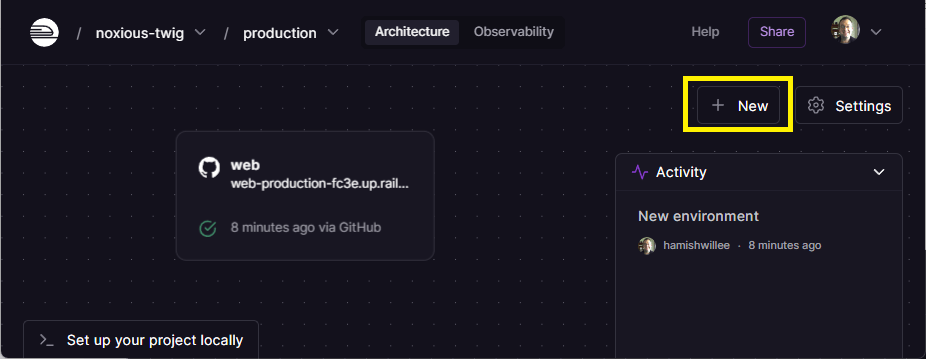 Railway-Projekt mit hervorgehobener Schaltfläche für neuen Dienst