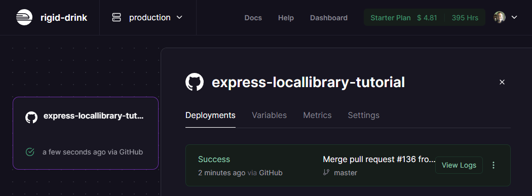 Railway-Dashboard zeigt die Deployments-Registerkarte für das bereitgestellte Projekt