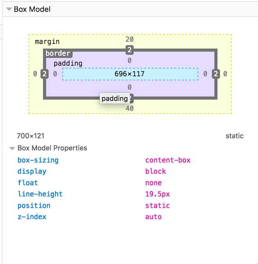 Bildschirmfoto des Box-Modell-Panel in den Entwicklungswerkzeugen des Browsers, das die vier Werte für Rand, Rahmen und Abstand zusammen mit Höhe und Breite in einer Grafik oben anzeigt und box-sizing, display, float, line-height, position und z-index unter der Grafik auflistet.
