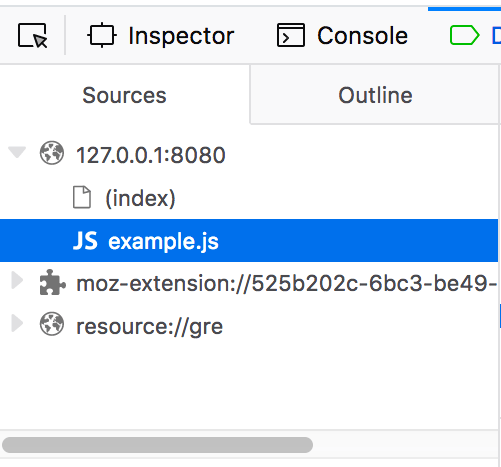 Une capture d'écran partielle du panneau des sources dans l'onglet du débogueur dans les outils de développement. Les fichiers associés à la page courante sont visible dans un répertoire dont le nom est le même que l'URL du site qui est ouverte dans l'onglet courant du navigateur.