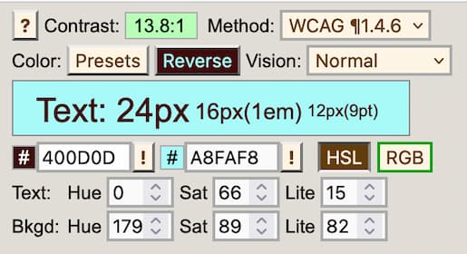 Sélecteur de couleurs avec HSL et RGB et valeurs de contraste.