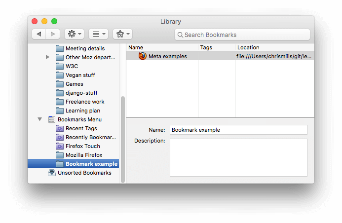 Firefox のブックマークパネル、ブックマークされた例の隣にファビコンが表示されている。